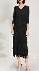 Pleated Tassel V-Neck Tiered Dress – Elegant and Flowy Women’s Outfit