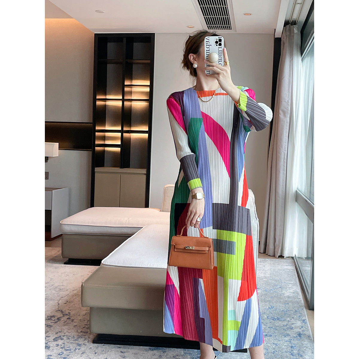 2025 Pleated Autumn New High-End Geometric Print Crew Neck Slim Slim Dress Elegant Long Skirt