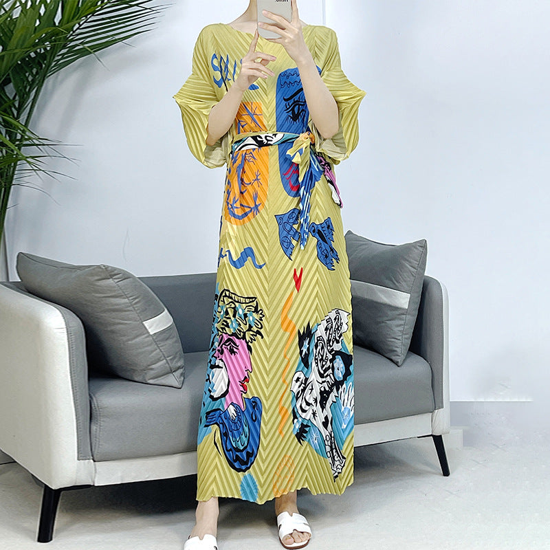 2025 Fall Winter Pleated Printed Maxi Dress – V-Fold Design, Elegant Casual Style for Women