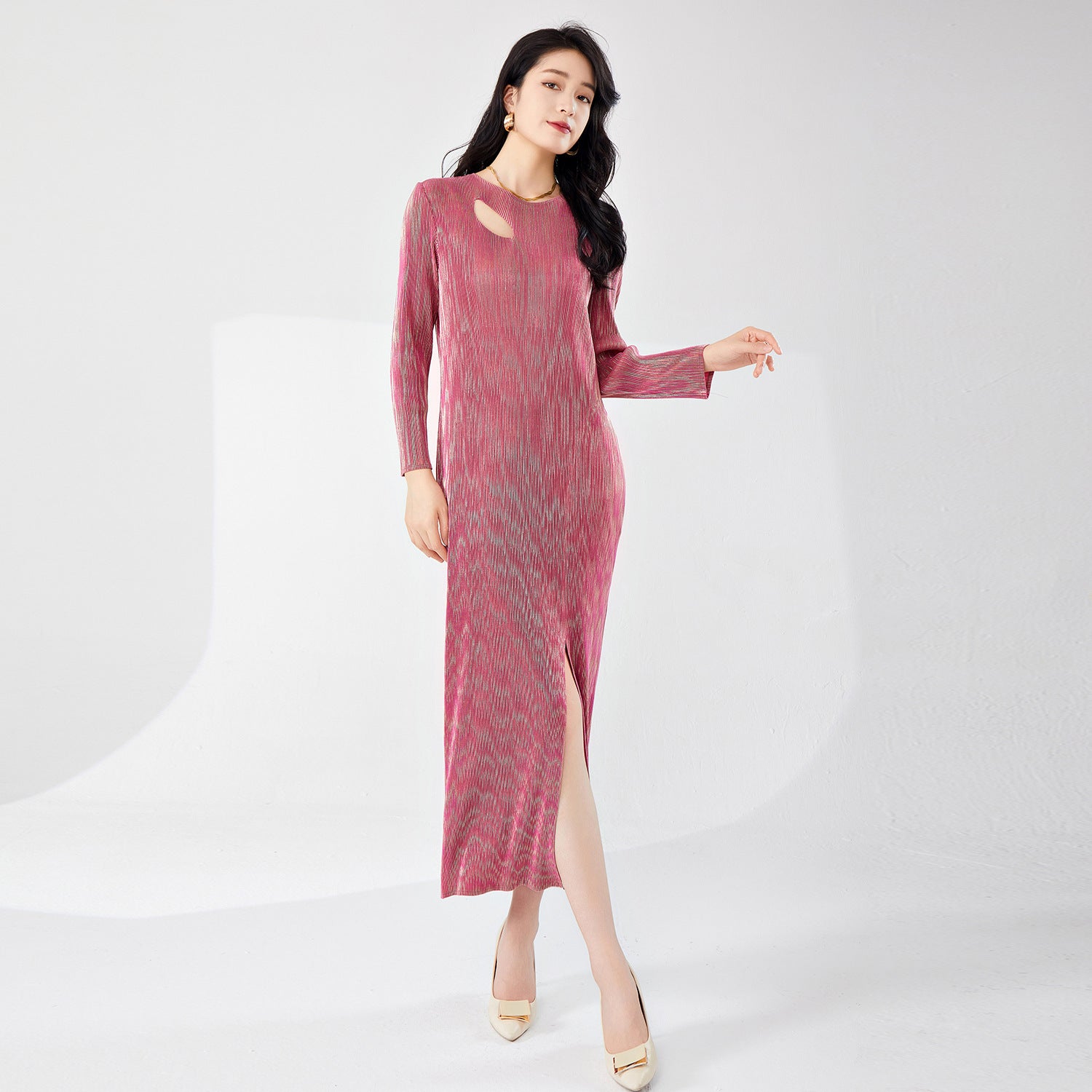 Pleats Please Bronzing Maxi Dress – Elegant Long-Sleeve Pleated Evening Style