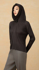 Women’s Autumn Pleated Hoodie – Slim Fit Solid Color Sweatshirt