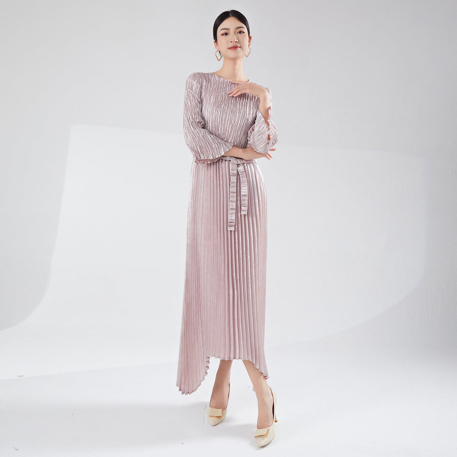 Pleats Please Irregular Bronzing Maxi Dress – Elegant Lace-Up Pleated Long Dress