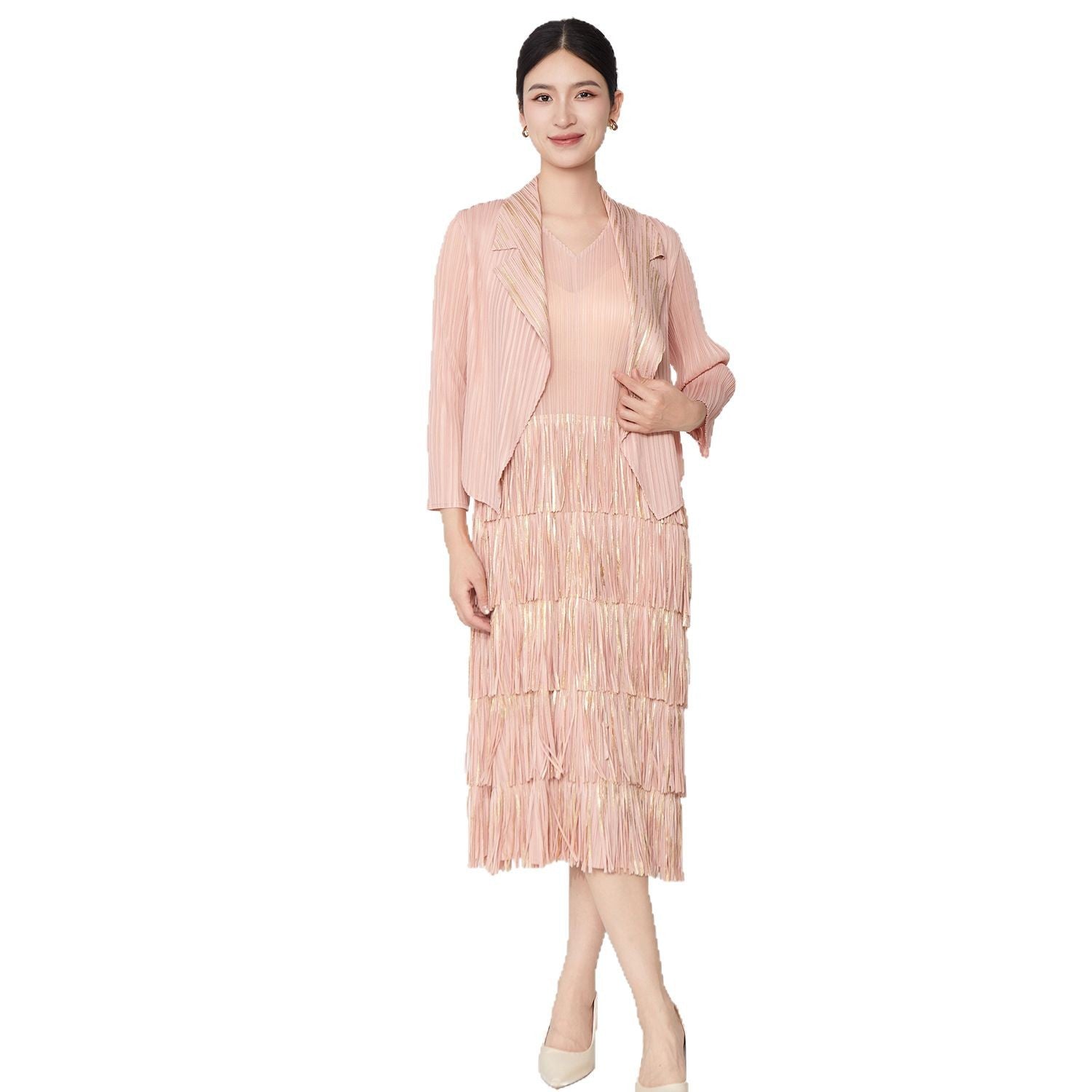 Pleats Please Two-Piece Set – Bronzed Blazer & Fringed Pleated Dress