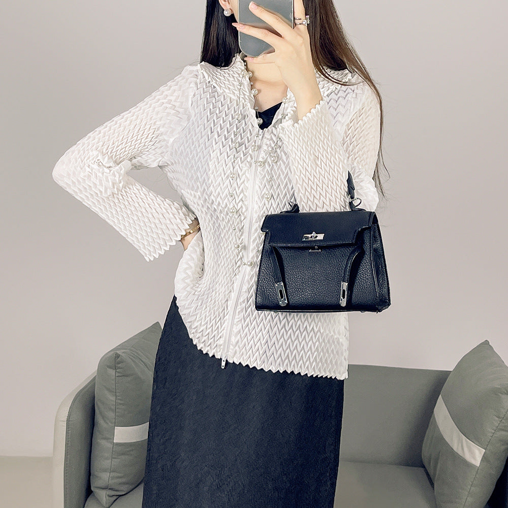 2025 Fall Winter High-End Pleated Wavy Jacket – Solid Color Lapel, Long Sleeve Zipper Cardigan for Women