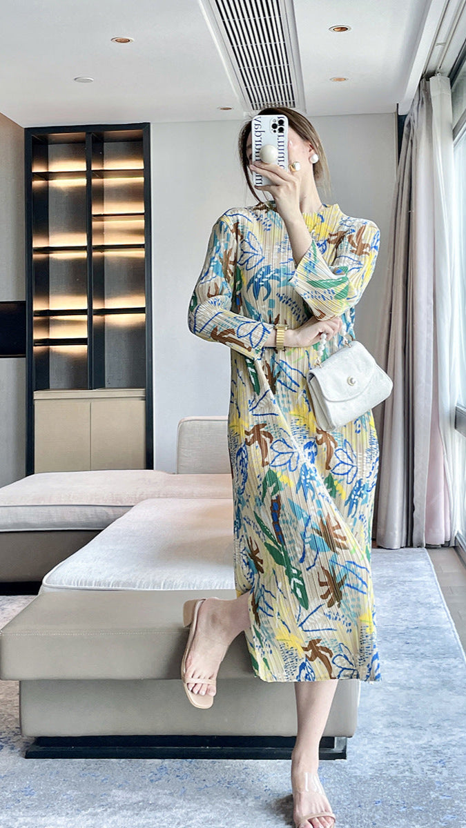 2025 Fall Winter Pleated Jungle Print Dress – Elegant Slim Fit Midi Style for Women