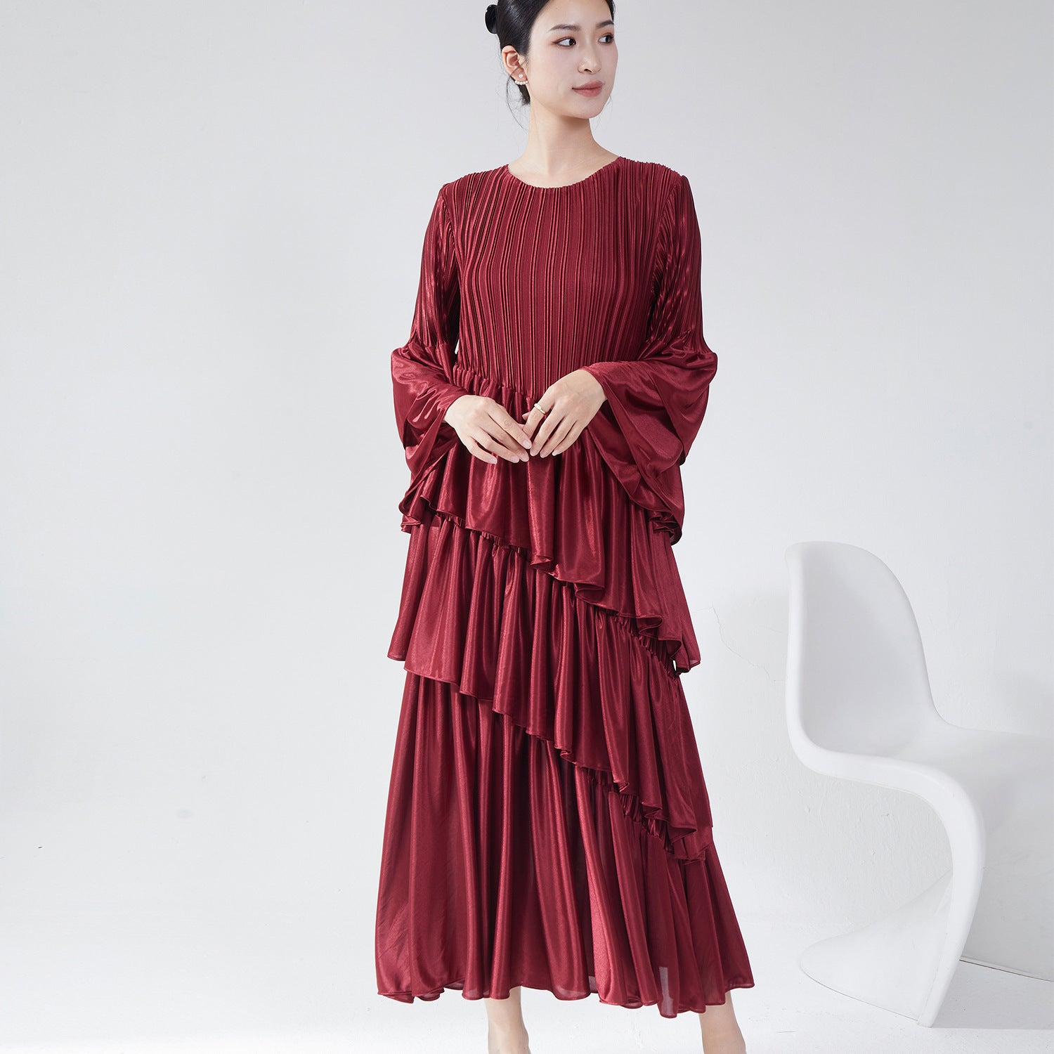 Pleats Please Flared Sleeve Cake Dress – Elegant Layered Pleated Midi for Spring & Summer