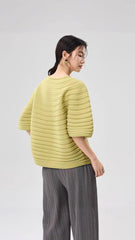 Nordic Style Pleated Knit T-Shirt – Fresh Crew Neck, Short Sleeve, Lightweight Summer Top for Women