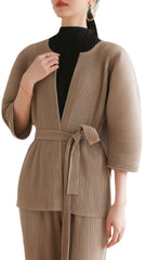 Pleated Two-Piece Set – Lace-Up Cardigan Jacket & Cropped Pants, Casual Chic Style