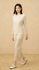 2025 Fall Pleated Long Sleeve T-Shirt & Straight-Leg Pants Set – Relaxed Solid Color, Everyday Comfort