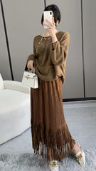 Women’s Fall Pleated Midi Skirt – Fringe Detail High-End Style