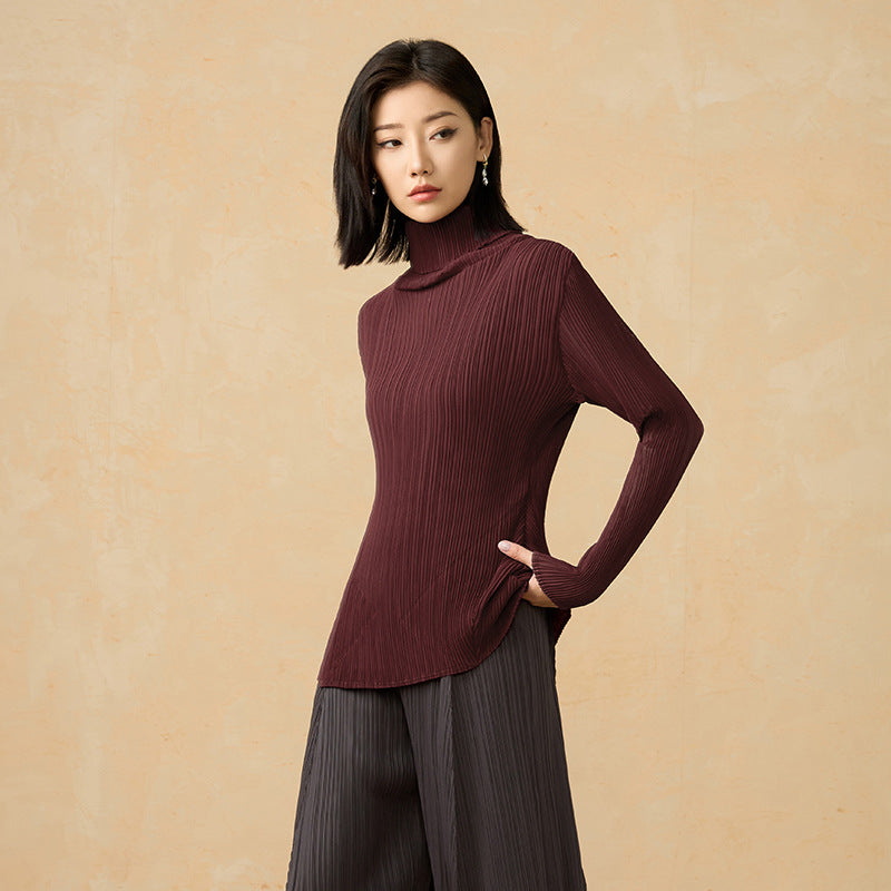 2025 Fall Winter Pleated Knit Top – Cozy High Neck, Slim Fit, Everyday Style