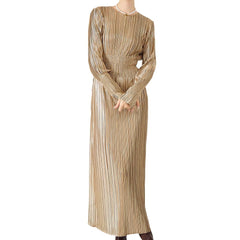 Pleats Please Long-Sleeve Bronzing Dress – Elegant Pleated Autumn Maxi
