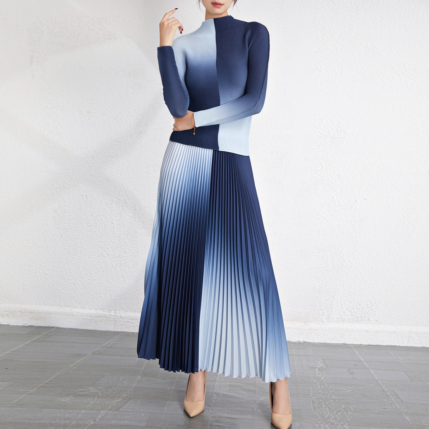 Pleated Top and Slim Skirt Two-Piece Set