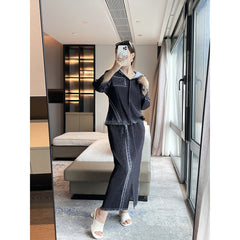 2025 Fall Winter Pleated Denim Two-Piece Set – Hooded Top & Slit Skirt, Casual Chic Style