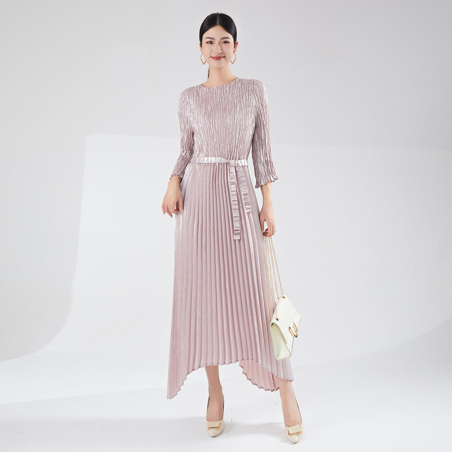 Pleats Please Irregular Bronzing Maxi Dress – Elegant Lace-Up Pleated Long Dress