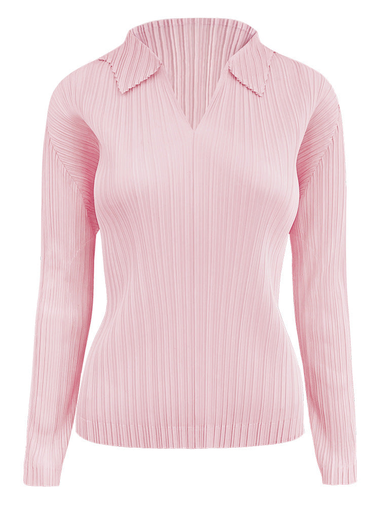 Pleated Polo Collar Top – Slim Fit Long Sleeve Casual Tee