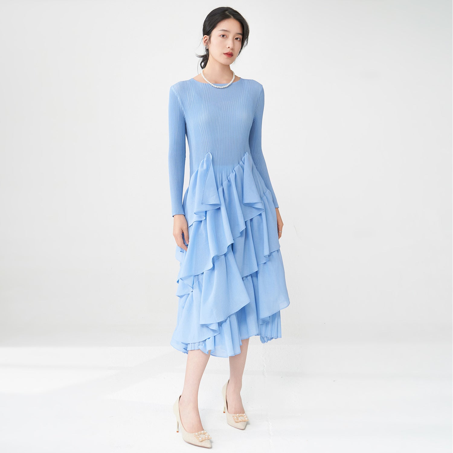 Pleats Please Ruffled Long-Sleeve Dress – Elegant Pleated Midi with Feminine Detail