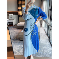 Women’s Pleated Midi Dress – French Print Elegant Slimming Style