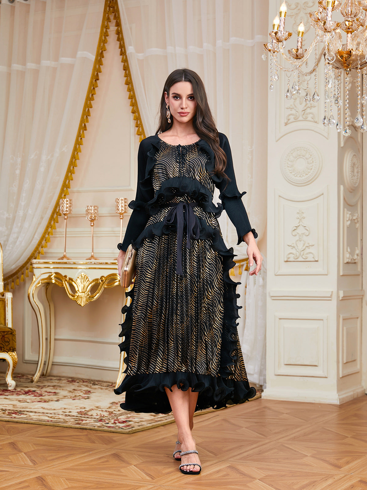 2025 Fall Winter Pleated Metallic Lace-Up Dress – Elegant Bronzing Design, Arab-Inspired Style