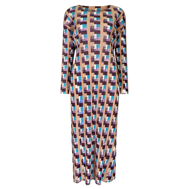 Pleated Houndstooth Dress – Long Sleeve Elegant Women’s Style