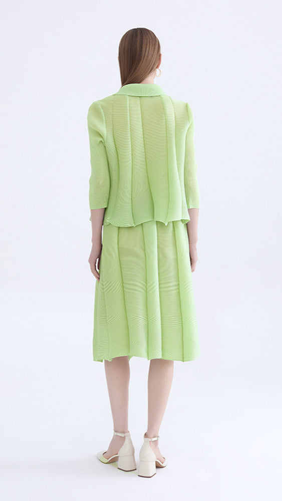 Pleated Two-Piece Set – Buttoned Cardigan Top and Puffy Skirt
