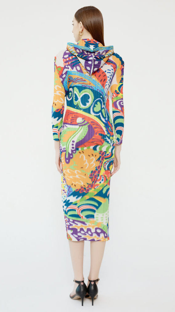 2025 New Spring Pleated Long Sleeve Casual Style Midi Skirt with Graffiti Colorful Slim Hooded Dress