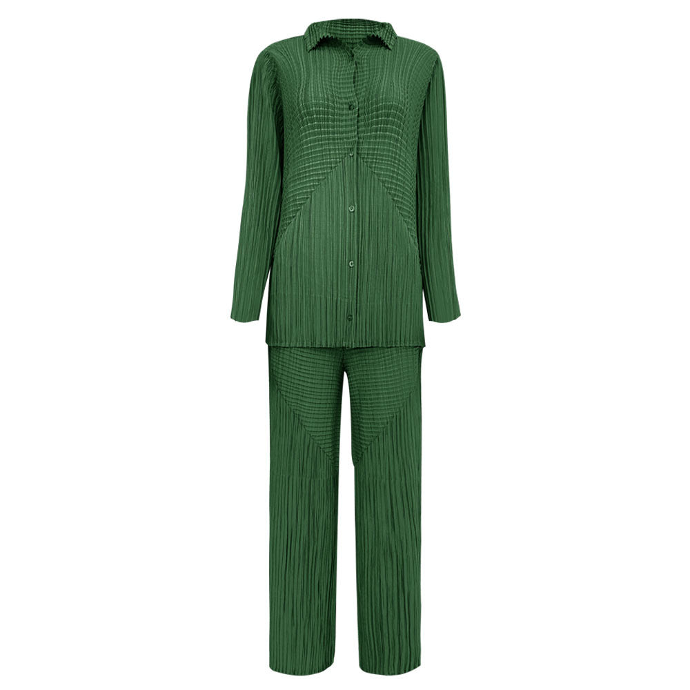 Pleated Solid Color Shirt and Straight Pants Set – Chic Two-Piece Outfit