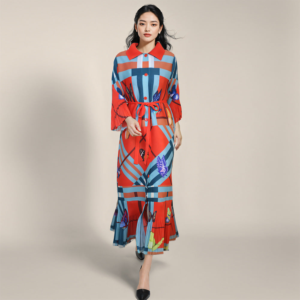 2025 Fall Winter Pleated Printed Shirt Dress – Lapel Collar, Ruffle Detail, Plus-Size Friendly