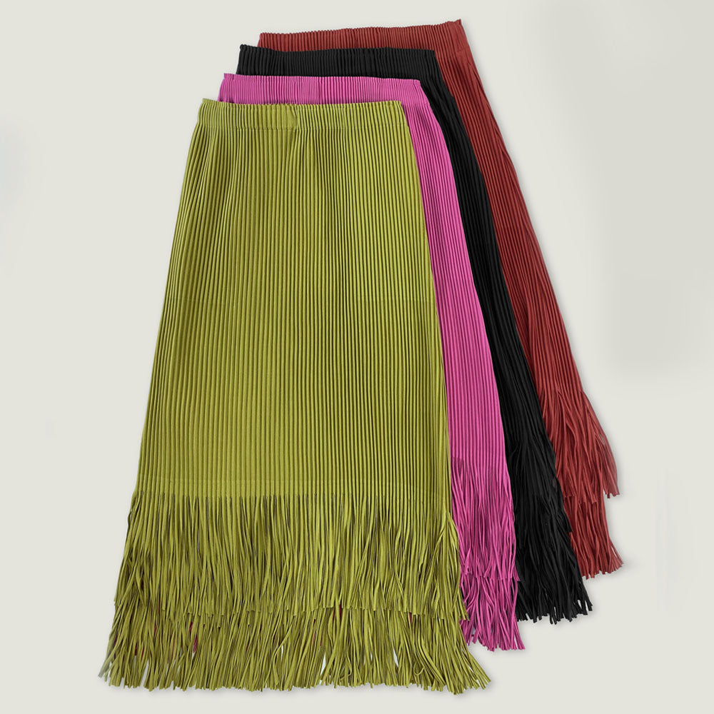 Pleated Two-Piece Set – Suit Collar Jacket and Fringe Skirt