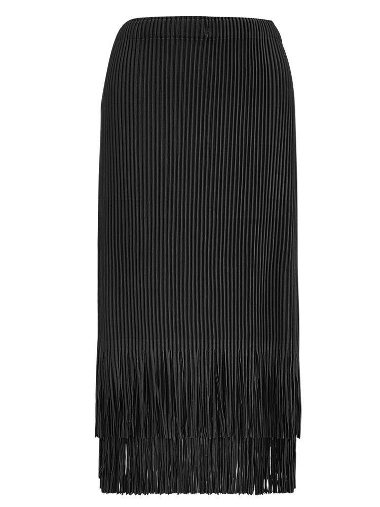 Pleated Two-Piece Set – Suit Collar Jacket and Fringe Skirt