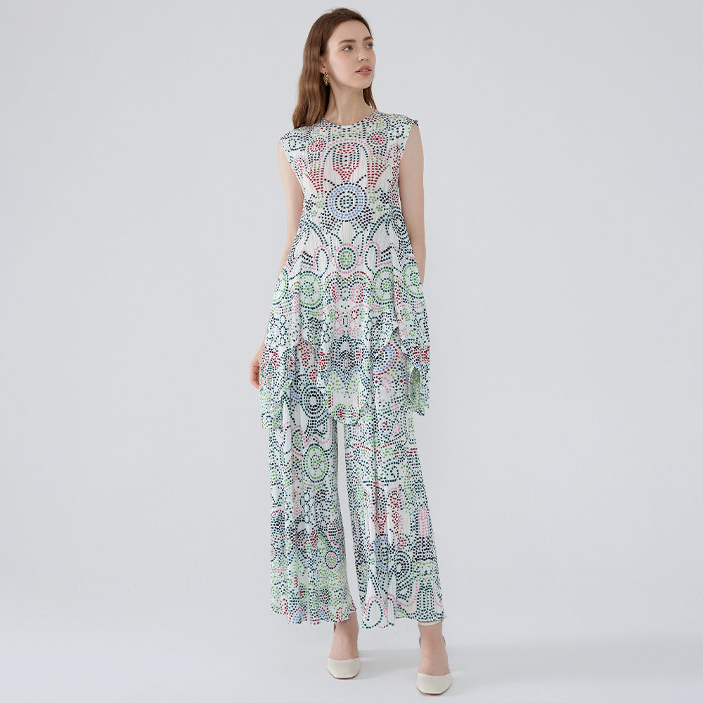 Boho Two-Piece Set – Dot Print Top and Pleated Wide-Leg Pants