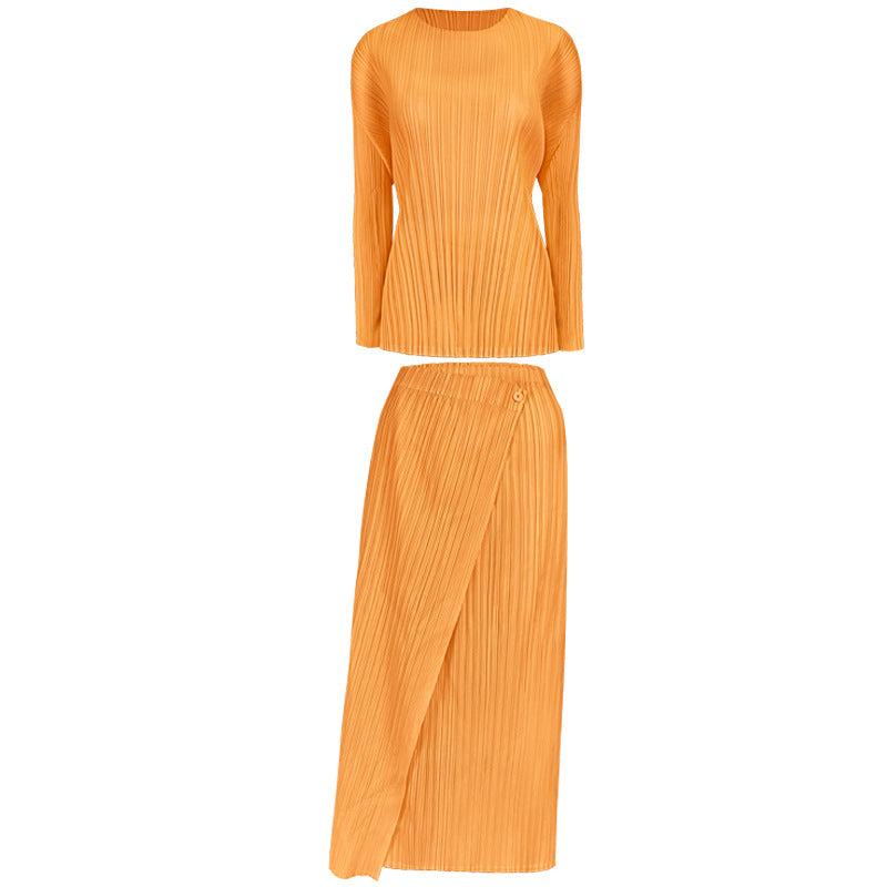 Pleated Skirt Suit – Korean Style Long Sleeve Top and Skirt Set