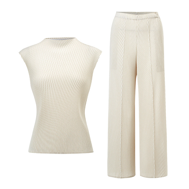 2025 Summer Pleated Two-Piece Set – Sleeveless Top & Wide-Leg Pants, Solid Color Casual Chic