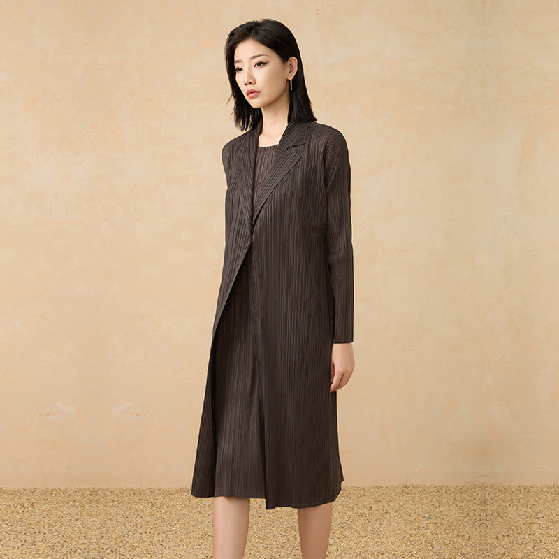 2025 Fall Winter Pleated Mid-Length Coat – Suit Collar, Slim Fit, Elegant Everyday Style