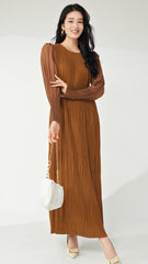 Pleats Please Lantern Sleeve Maxi Dress – Plus-Size Friendly Elegant Pleated Long Dress