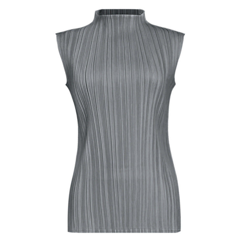 Pleats Summer Slim Sleeveless High-Neck Pleated Vest – Elegant Basic Top