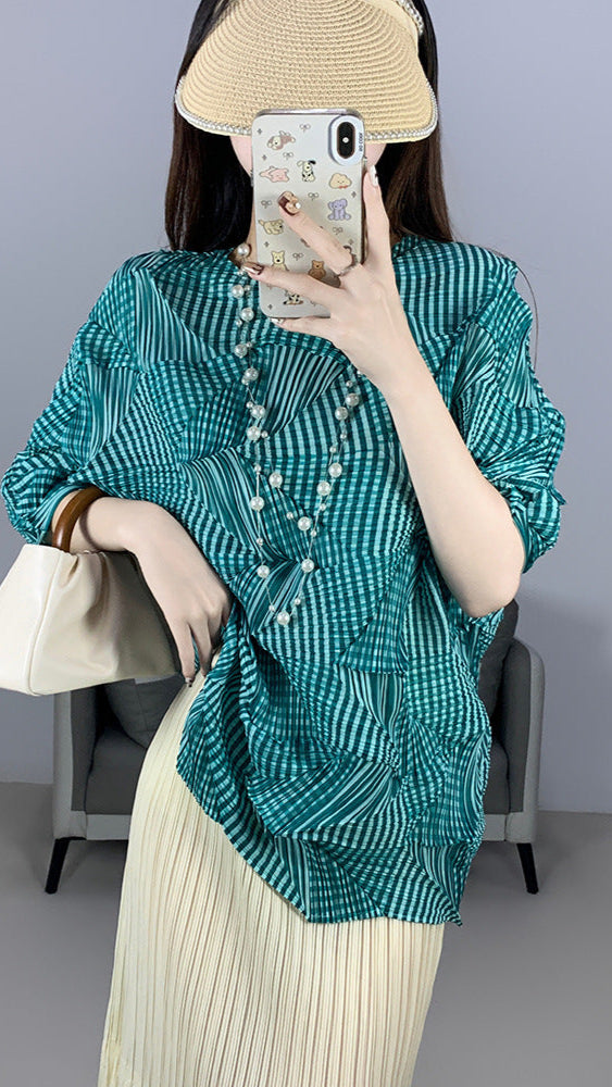 2025 Fall Winter Pleated Irregular Top – Loose Fit, 3/4 Sleeve Casual Slimming T-Shirt for Women