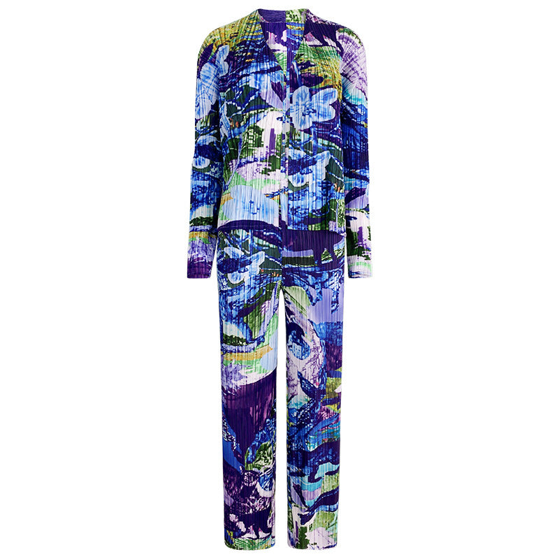 Pleated Printed Jacket and Pants Set – Chic Straight-Leg Two-Piece Outfit