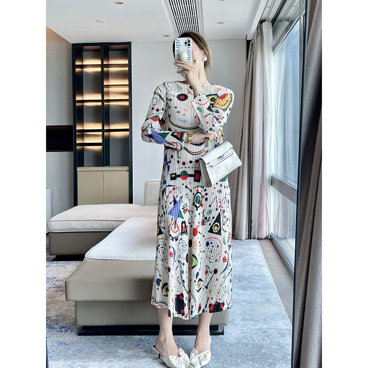 Women’s Autumn Pleated Maxi Dress – Printed Long-Sleeve Elegant Slim Fit Style