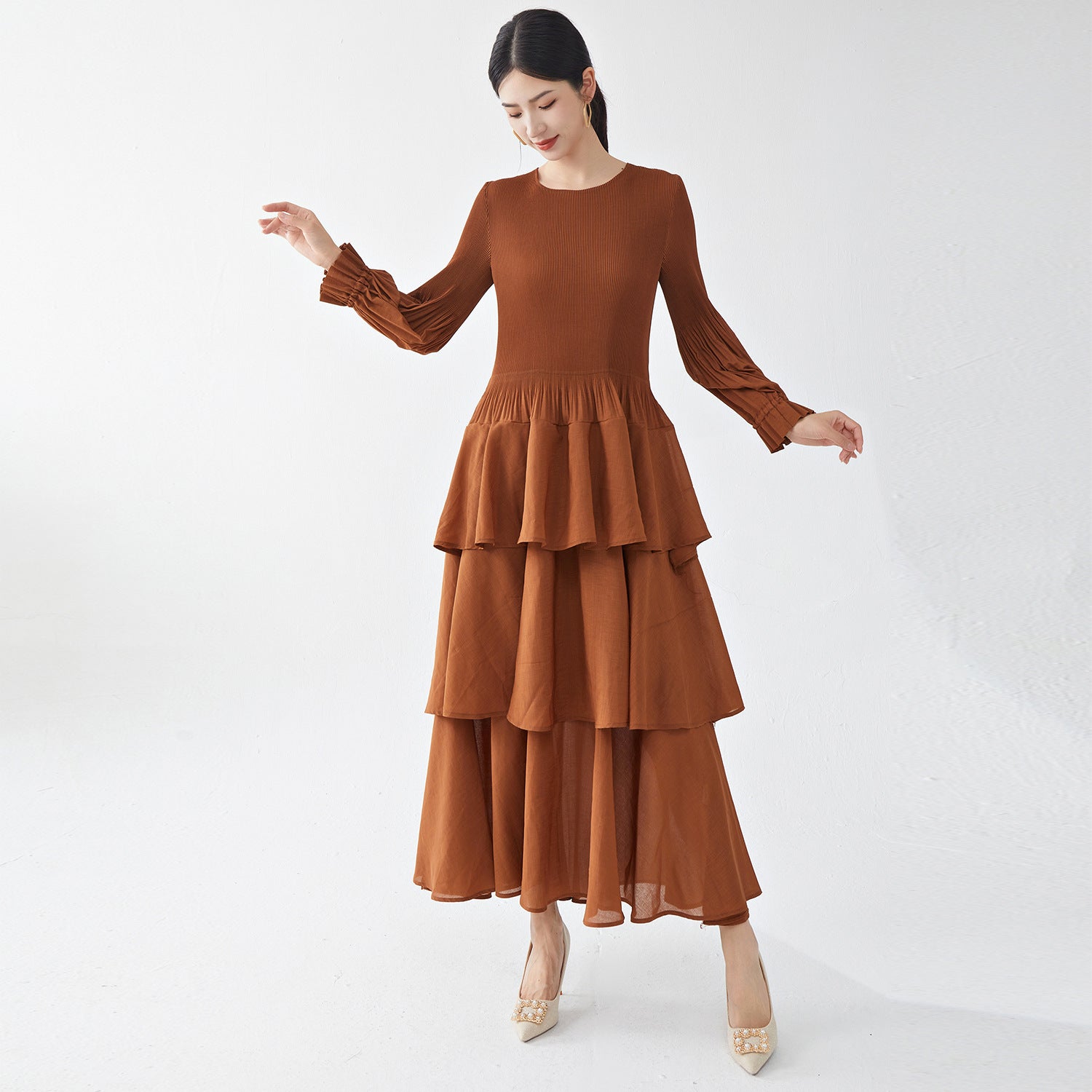 Pleats Please Long-Sleeve A-Line Dress – Elegant Layered Cake Pleated Maxi