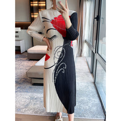 Women’s Pleated Midi Dress – French Print Elegant Slimming Style