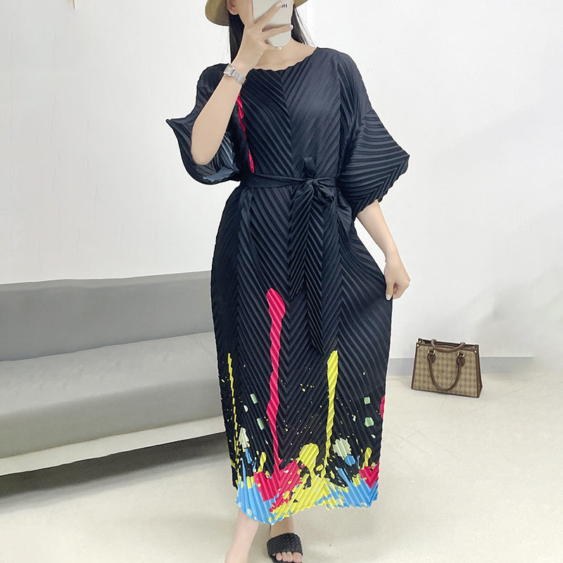 2025 Fall Winter Pleated Printed Maxi Dress – V-Fold Design, Elegant Casual Style for Women