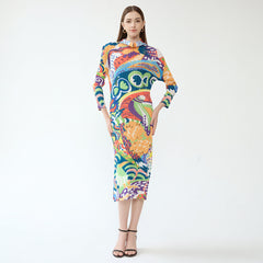 2025 New Spring Pleated Long Sleeve Casual Style Midi Skirt with Graffiti Colorful Slim Hooded Dress