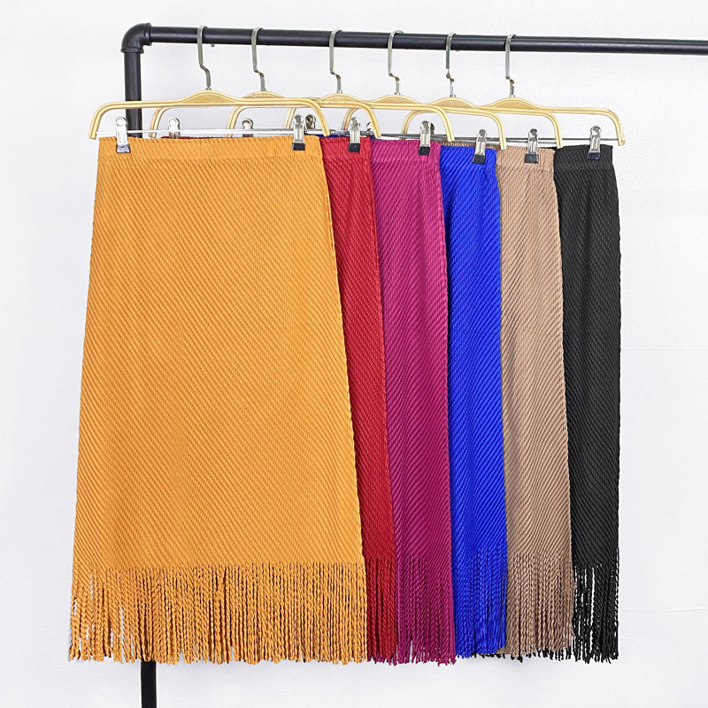 Pleated Fish Scale Fringe Skirt – High Waist A-Line Mid-Length Style