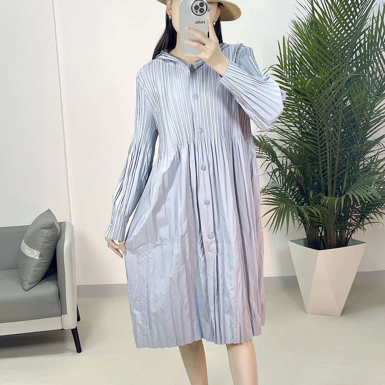 2025 Fall Winter Pleated Hooded Trench Coat – Lightweight Long Jacket, Loose Casual Style for Women