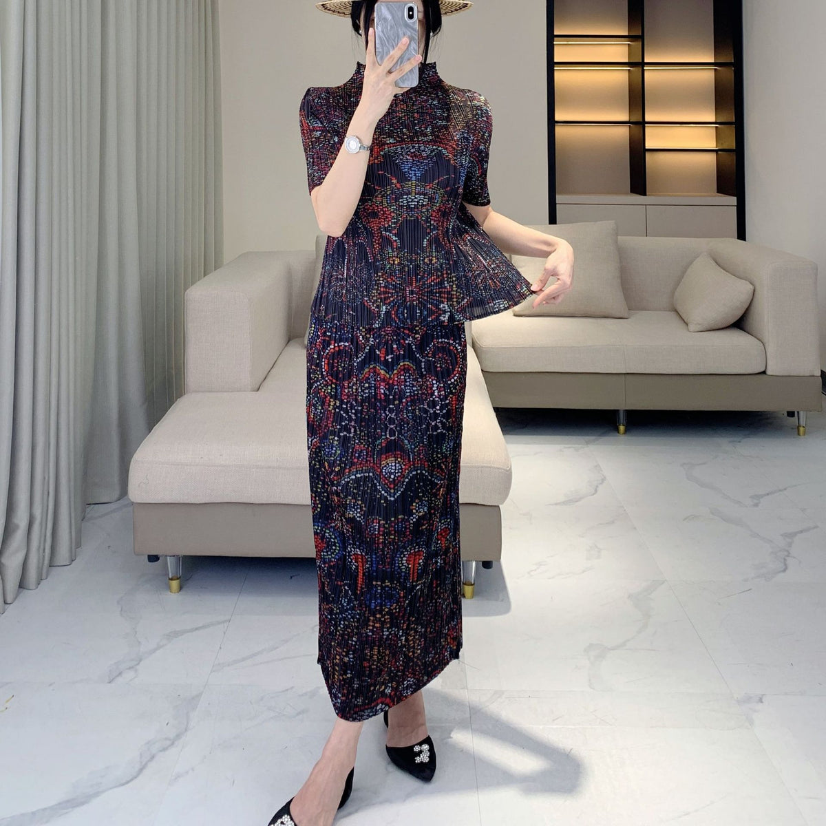 Issey Miyake Pleats Please Style 復古印花修身兩件套