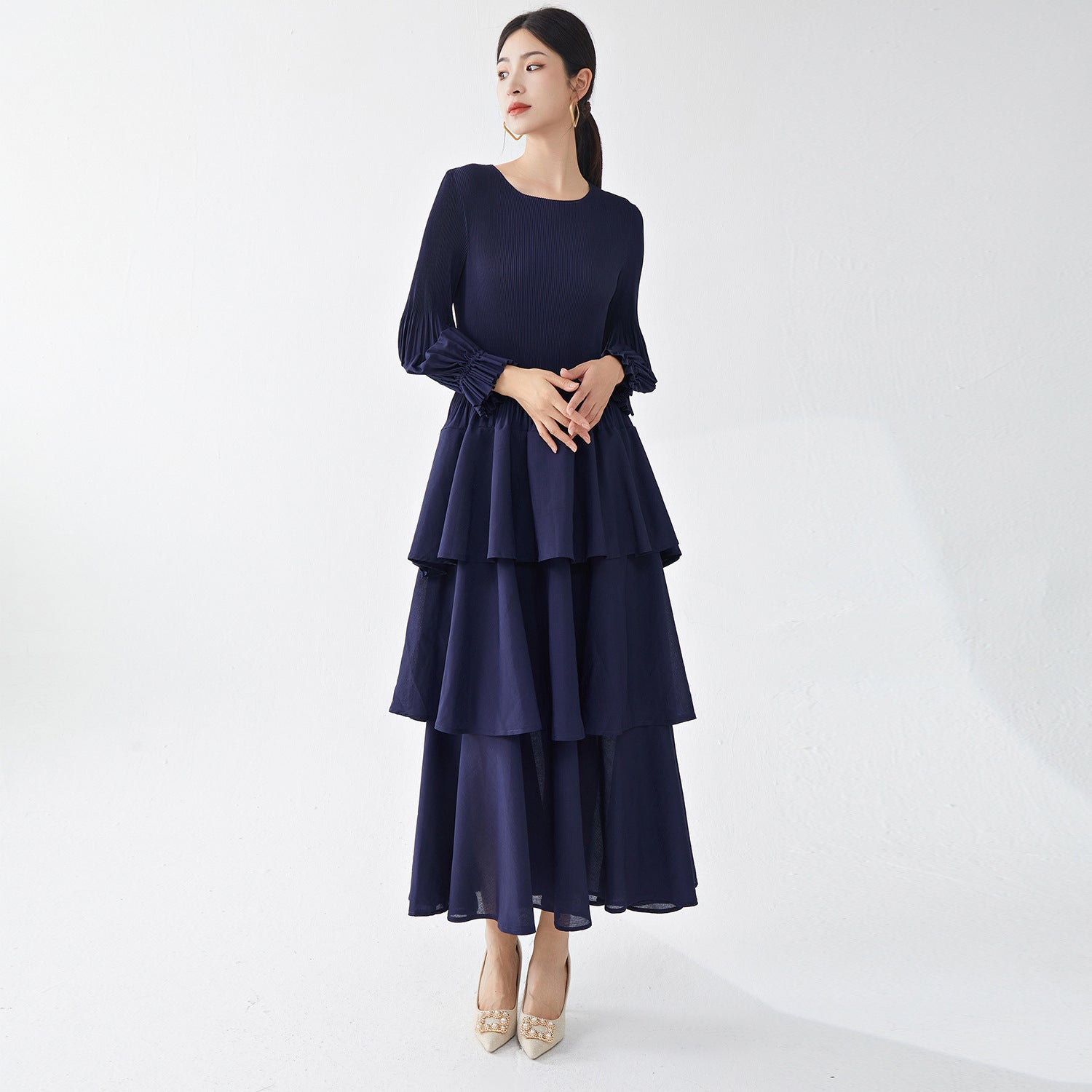 Pleats Please Long-Sleeve A-Line Dress – Elegant Layered Cake Pleated Maxi