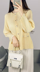 2025 Fall Winter Pleated Striped Jacket – Minimalist Crew Neck, Single-Breasted Casual Style for Women