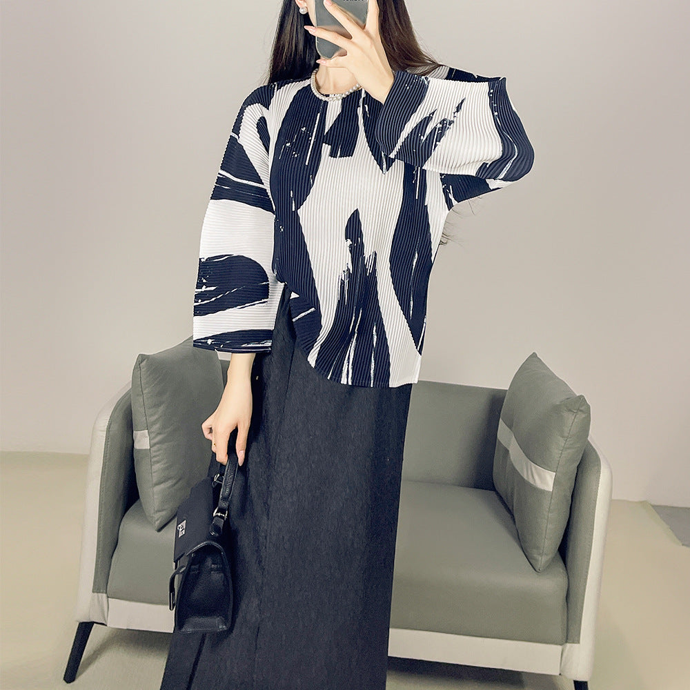 2025 Fall Winter Pleated Printed T-Shirt – Loose Fit, Lightweight Casual Top for Women