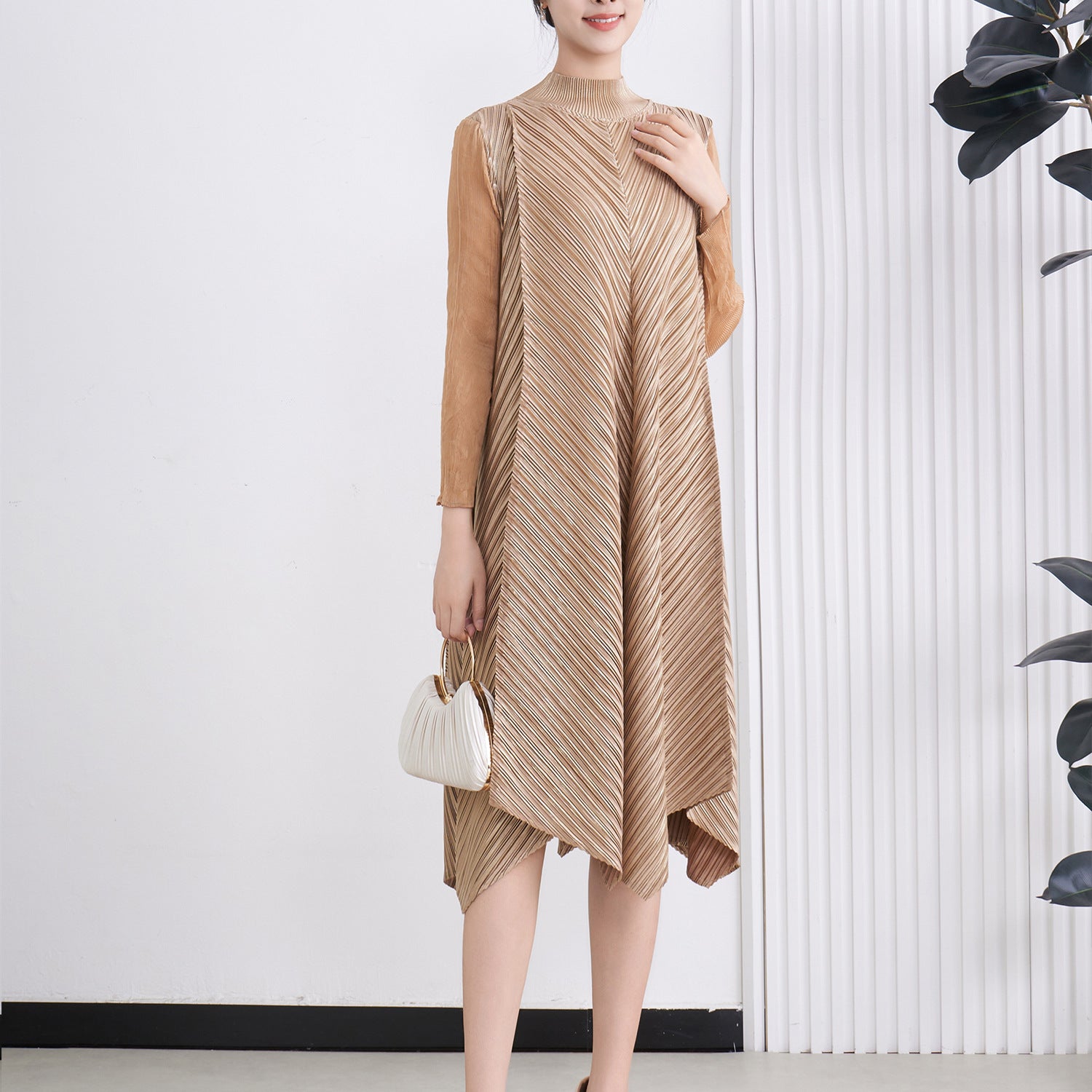 Pleated Gilded Irregular Long Dress – Elegant Evening Maxi for Women